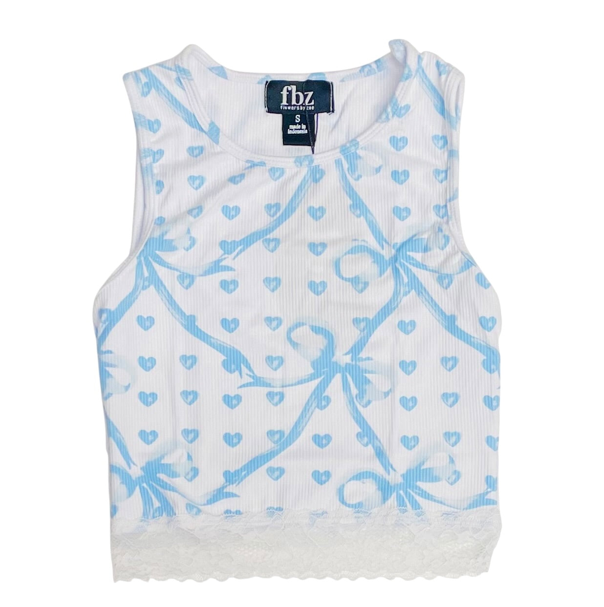 Flowers By Zoe Blue Bow Print W/ Lace Trim Print Ribbed Tank