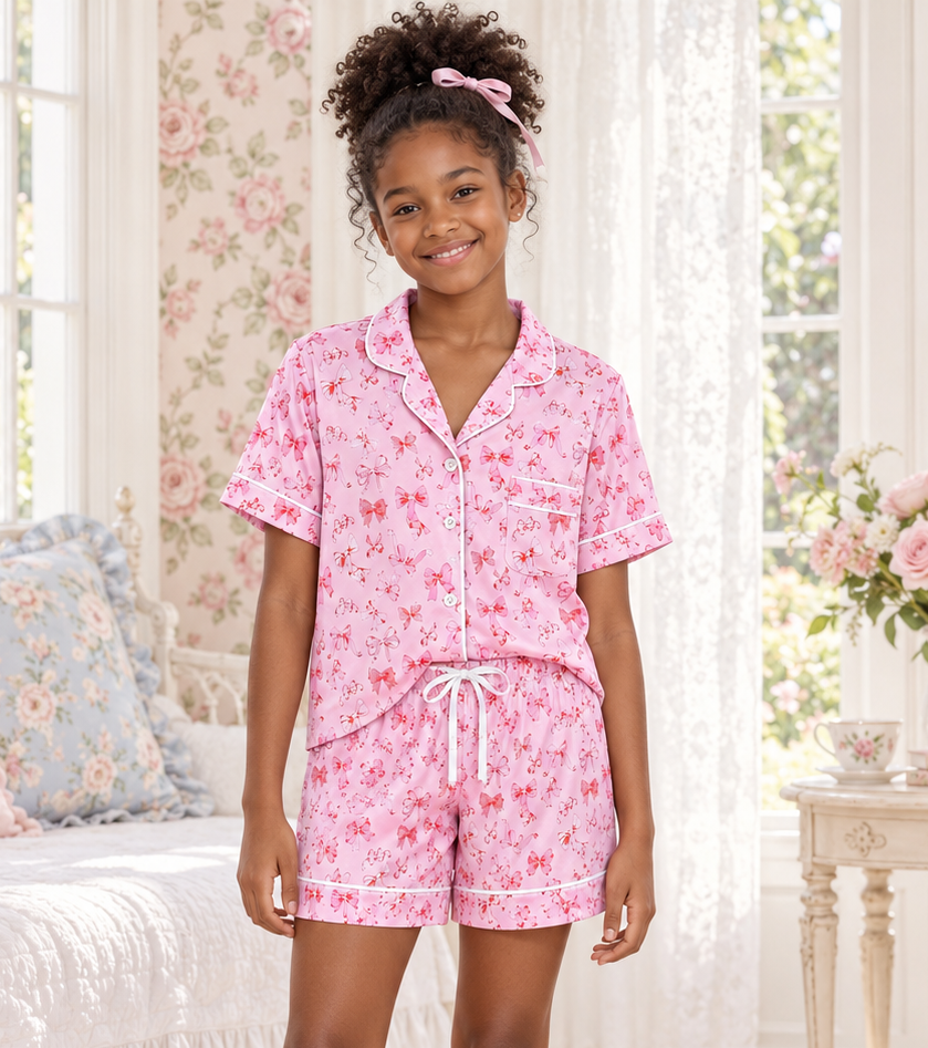 KatieJ NYC 2pc Lynn Short Set - Pink Bows * NEW LARGER SIZING *