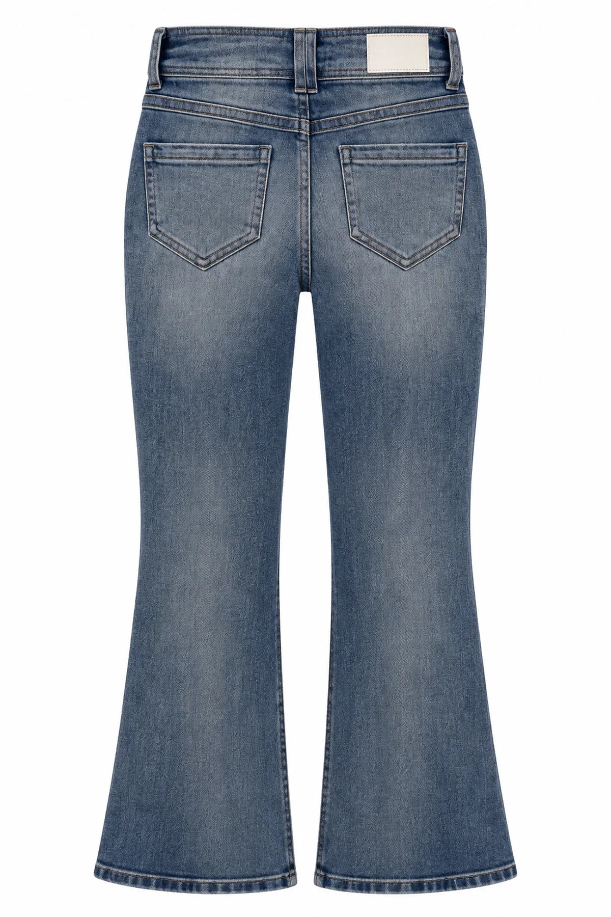 Back view of KatieJ NYC Denmark bootcut flare jeans in washed blue denim