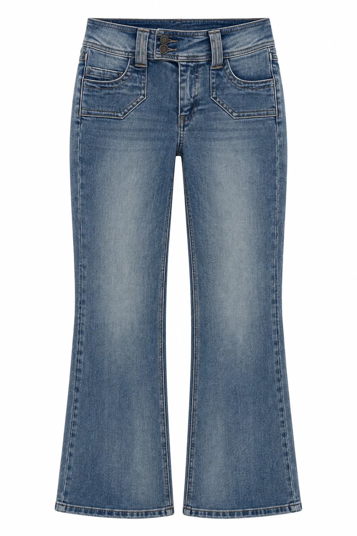 Front of low-rise Denmark jeans with double button closure and front patch pockets