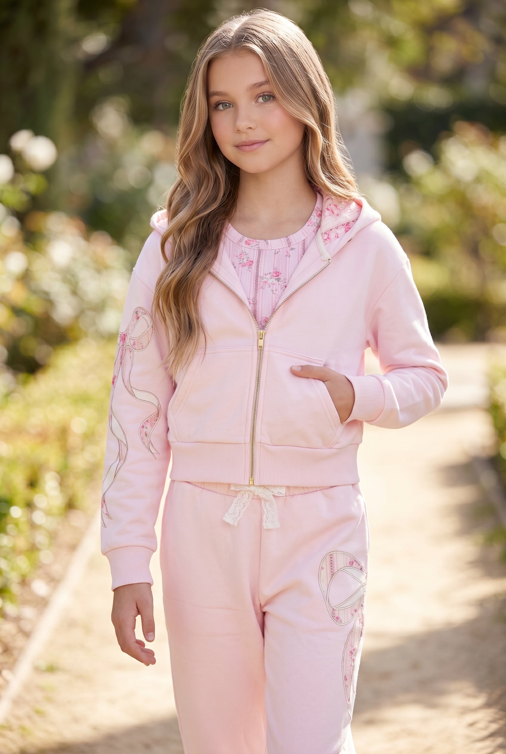 KatieJ NYC Tween Dylan Sweatpant- Pale Pink/Rose Floral Coquette Bow