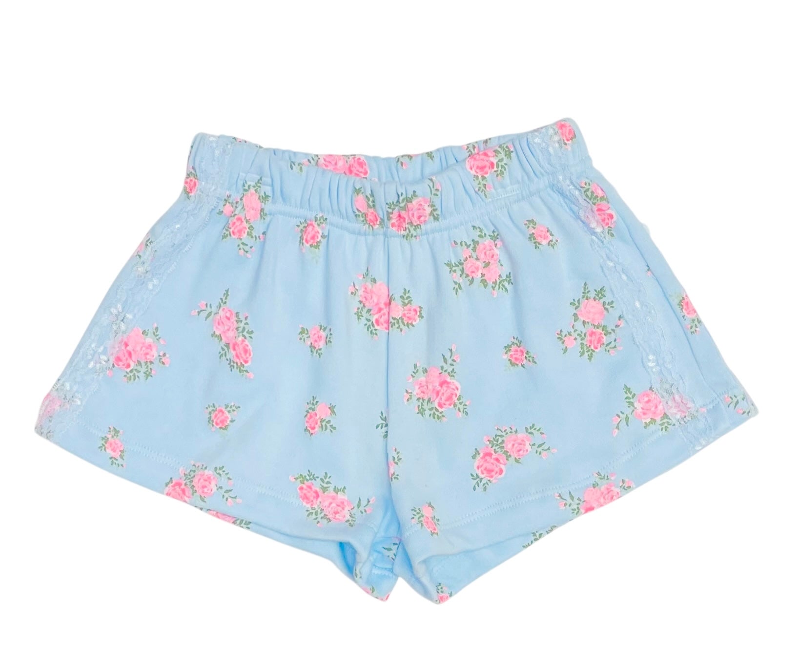 Flowers By Zoe Blue & Pink Cabbage Rose Lace Trimmed Shorts