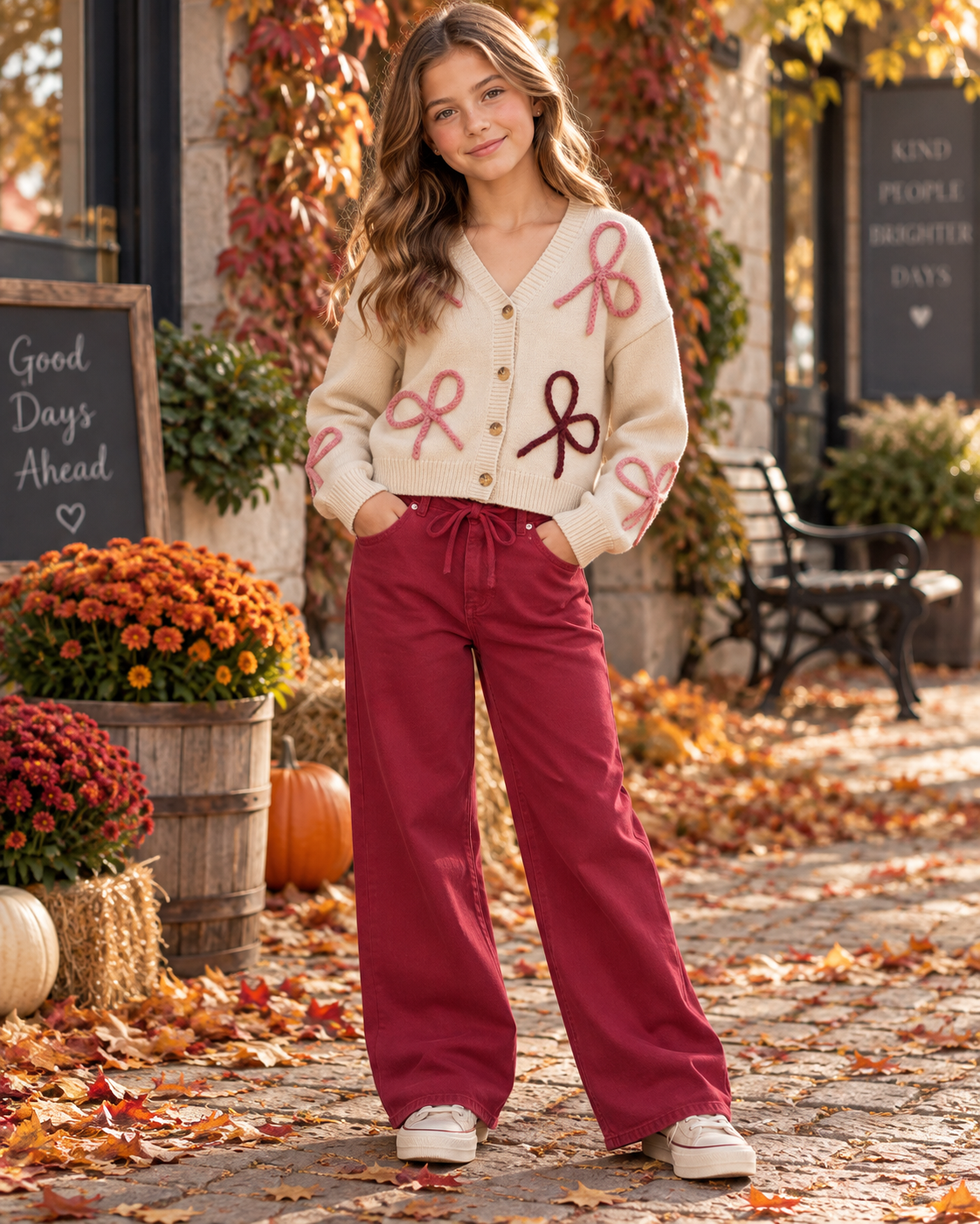A young girl stands outdoors on a cobblestone path covered with fallen leaves, wearing a cream cardigan with pink bow patterns and burgundy wide-leg pants. The background features autumn foliage, mums, pumpkins, and storefront signs.