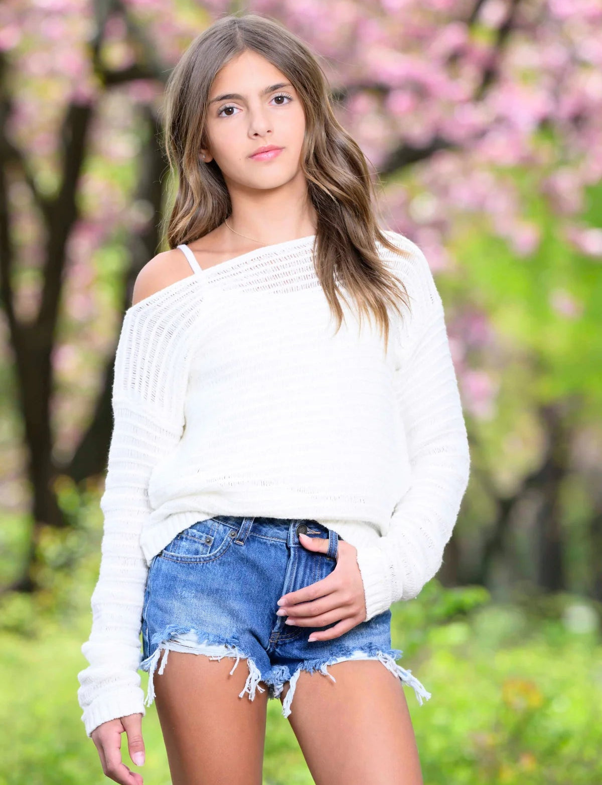 Lightweight KatieJ NYC beach sweater for girls with relaxed off shoulder fit
