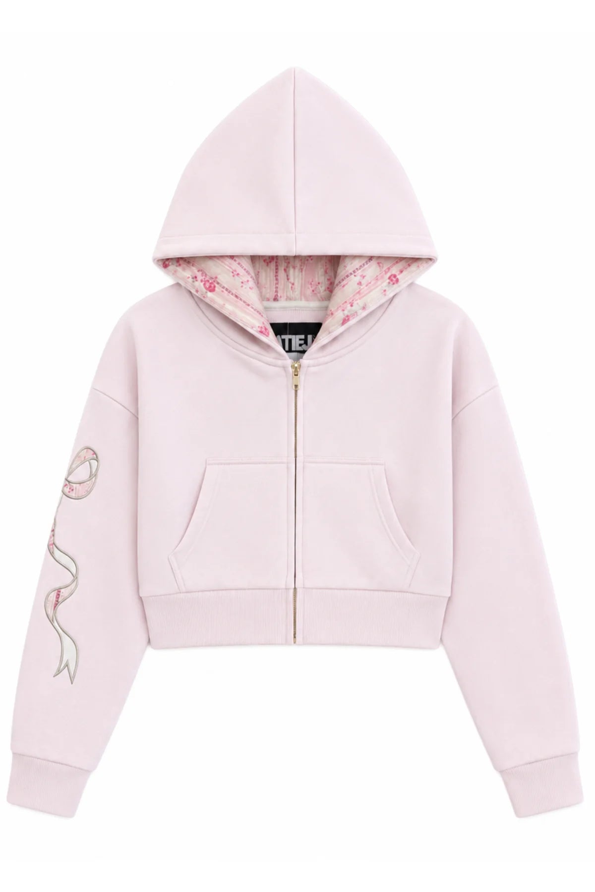 KatieJ NYC Tween Dylan Crop Zip Sweatshirt- Pale Pink/Rose Floral Coquette Bow
