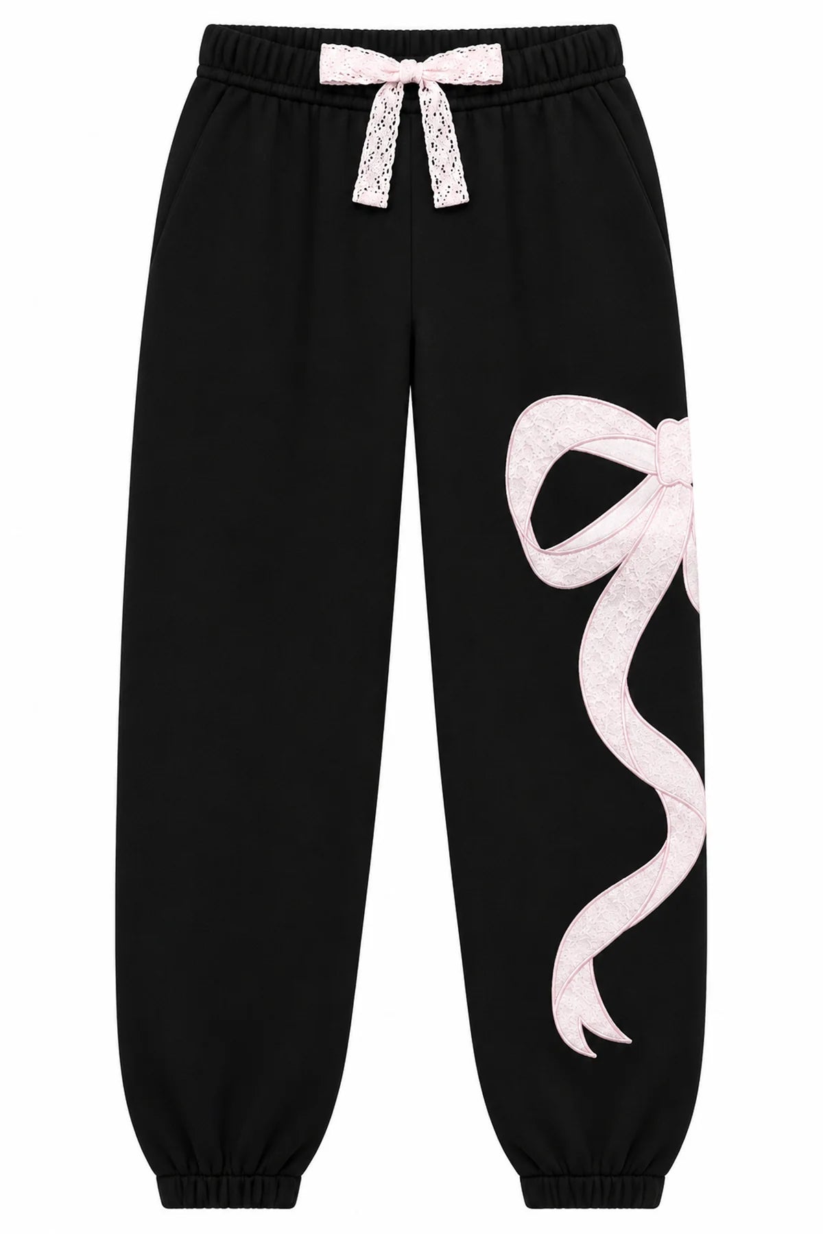 KatieJ NYC Tween Dylan Bow Applique Sweatpant - Black/Pink Lace
