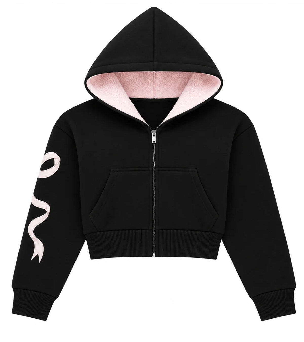 KatieJ NYC Dylan Bow Applique Zip Hoodie in black with pink lace bow detail