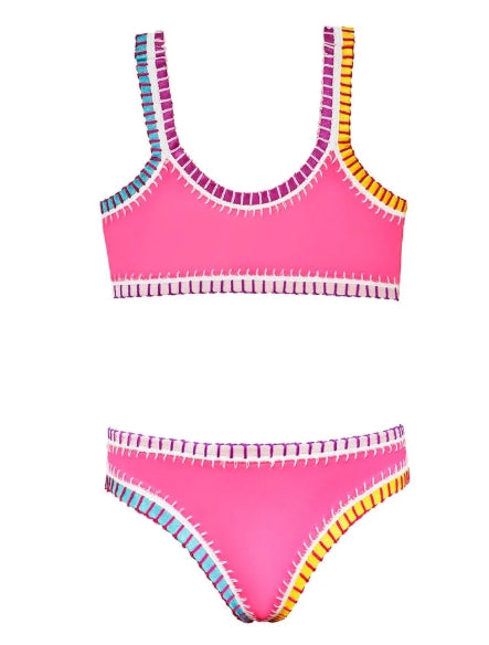 Luxury girls bikini in hot pink with PQ Kids rainbow embroidery detail