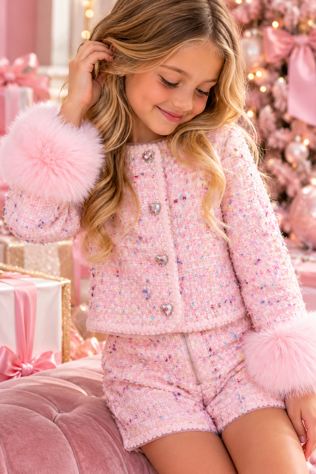 Lola Gabriella Fur Trim Pink Tweed Set