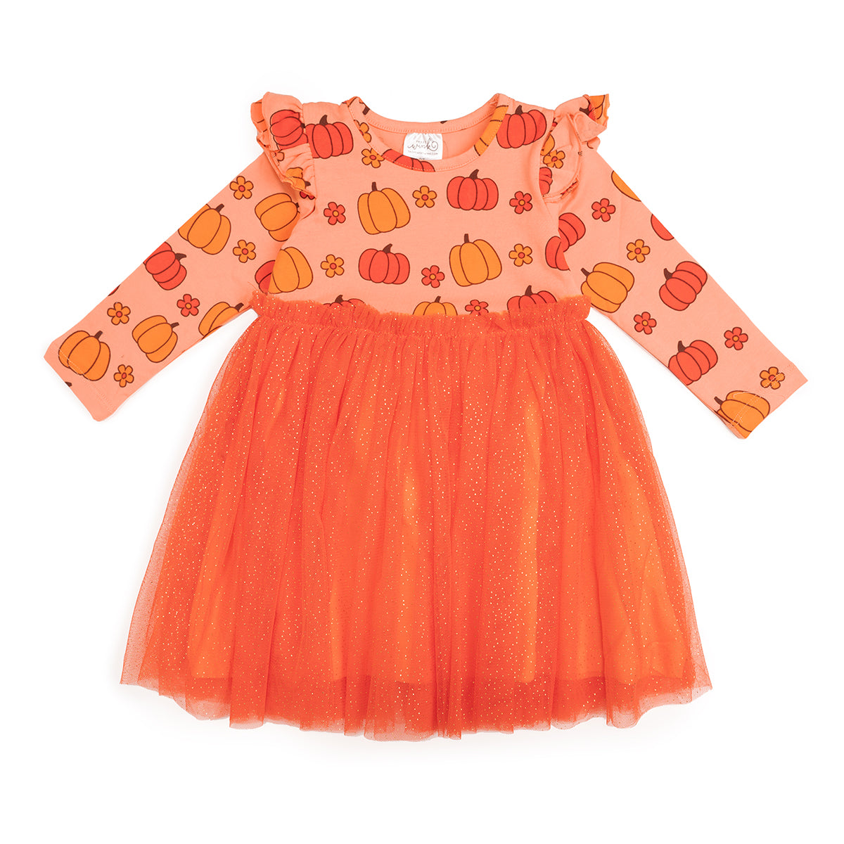 Vestido tutú de manga larga color naranja con estampado de margaritas y calabaza de Sweet Wink