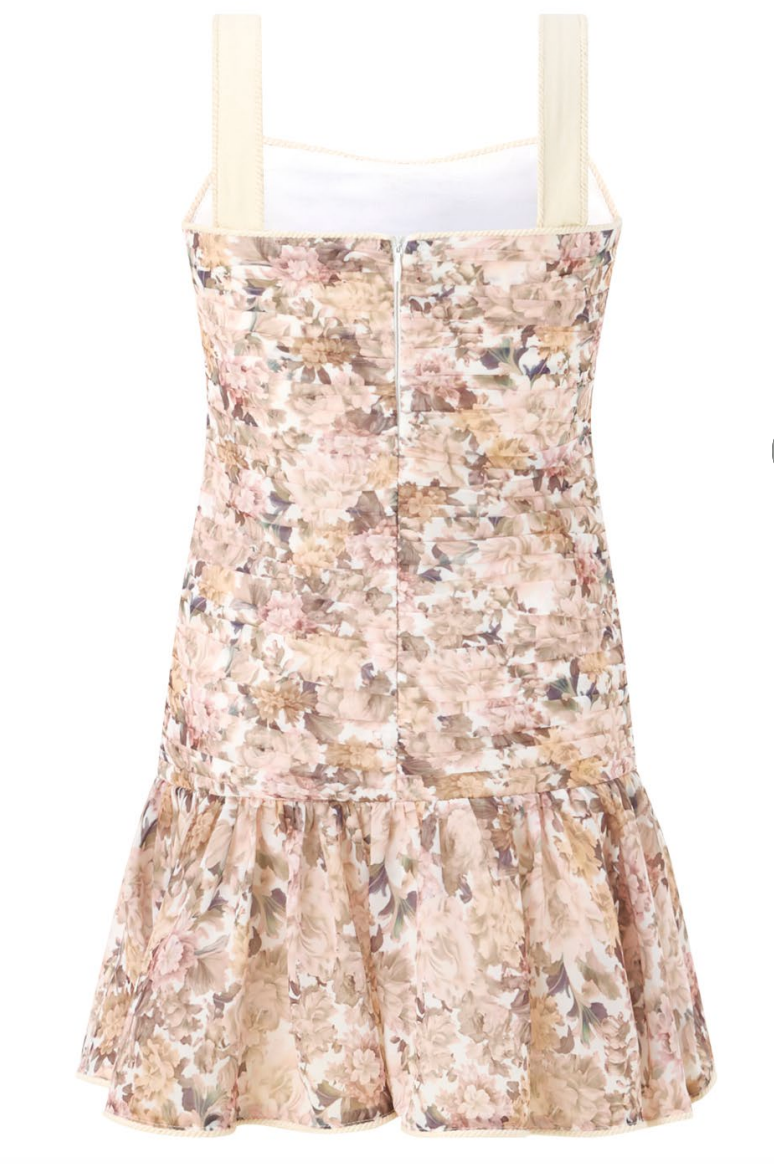 Luxury girls floral mini dress
Exclusive Autumn Heirloom Floral print
Muted blush, ivory, camel, taupe and brown palette
Wide ivory shoulder straps