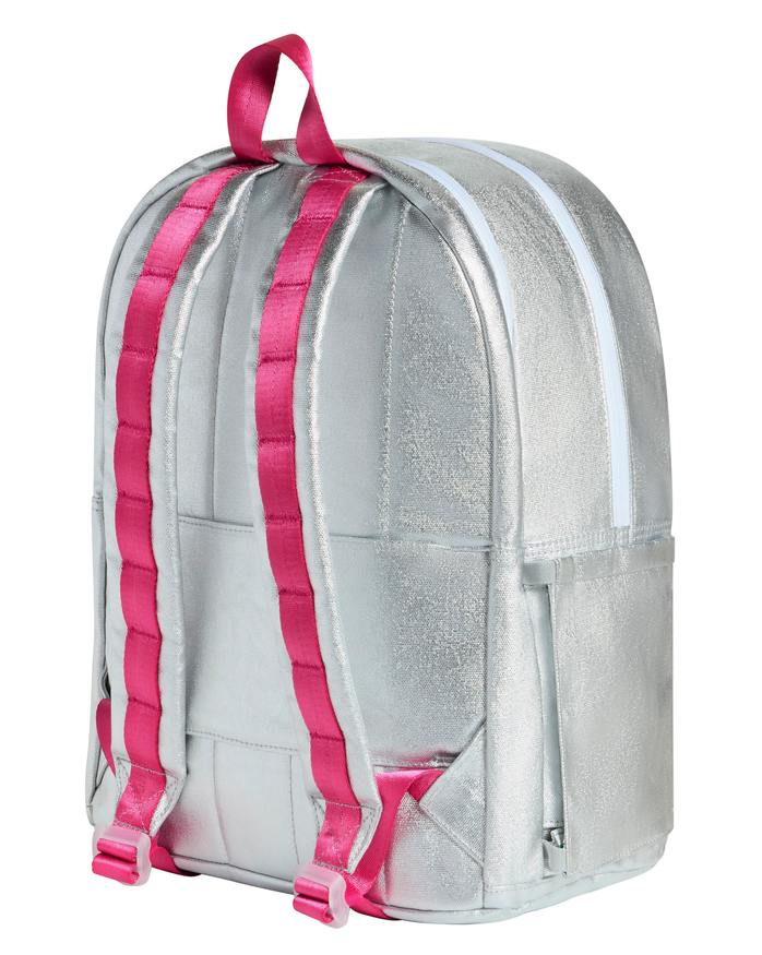 Premium girls' school backpack featuring metallic silver fabric, colorful chenille heart appliqués, front organization pocket, and dual water bottle pockets.