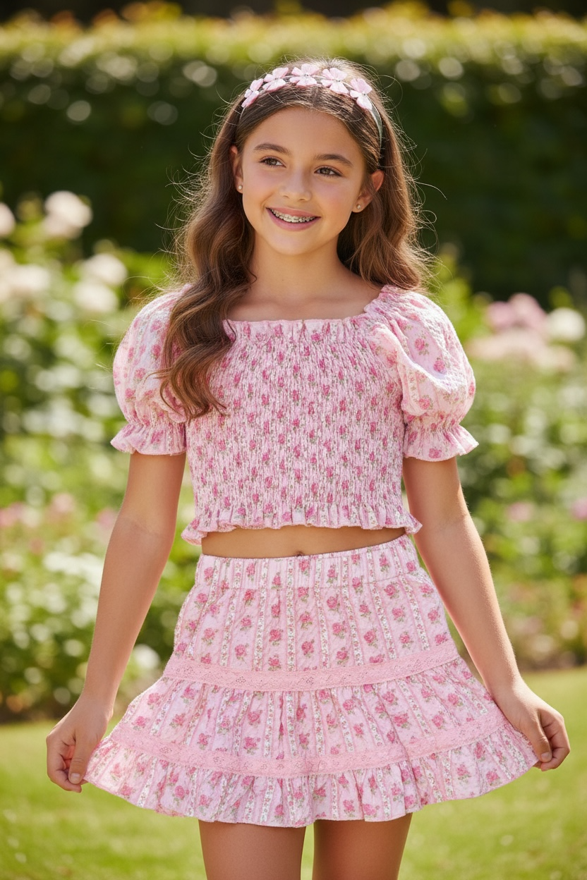 Dreamers 2pc Kayla Pink Rose Stripe Skirt Set