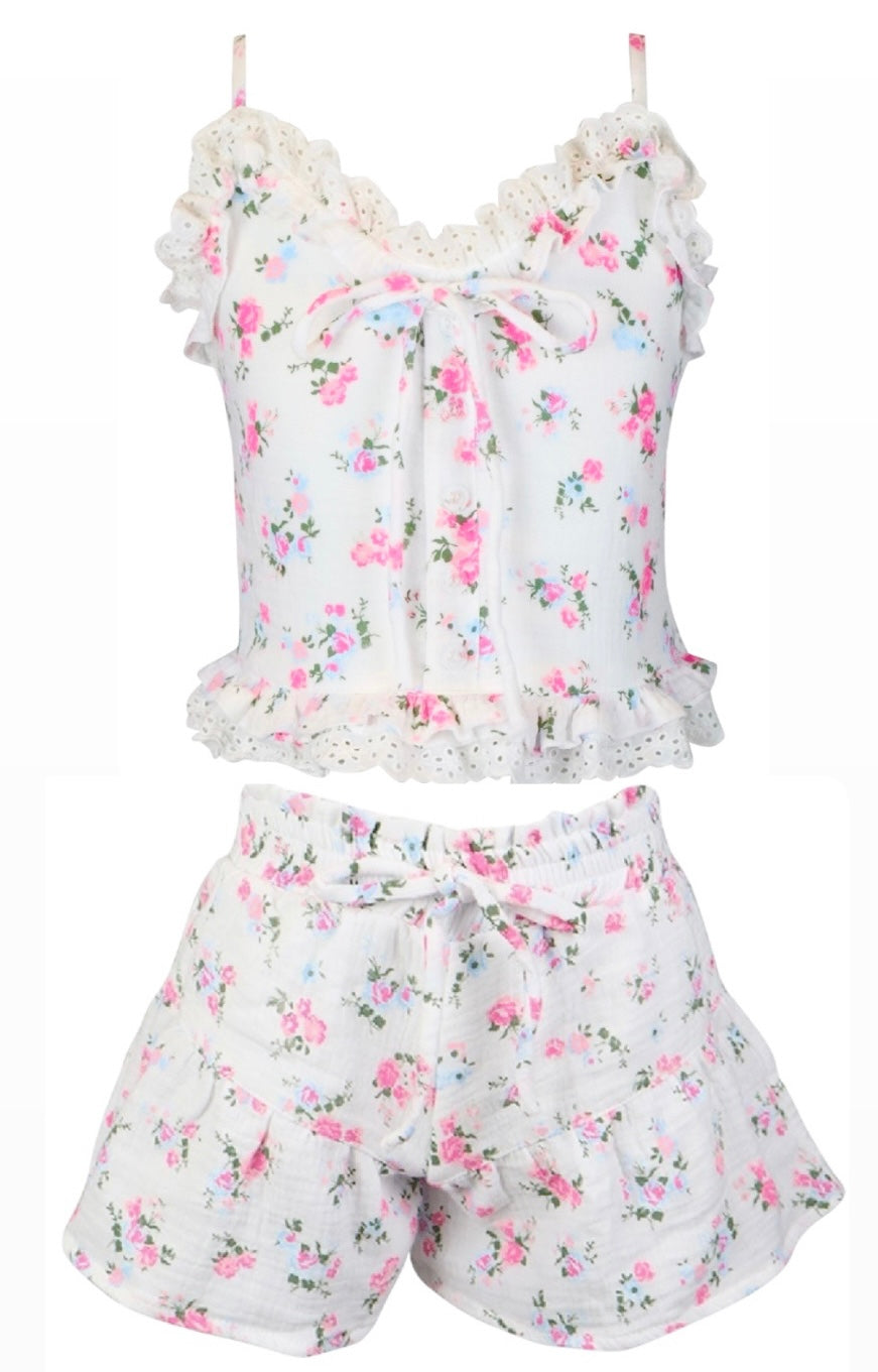 Flowers By Zoe Floral Bouquet & Eyelet Flowy Woven Shorts