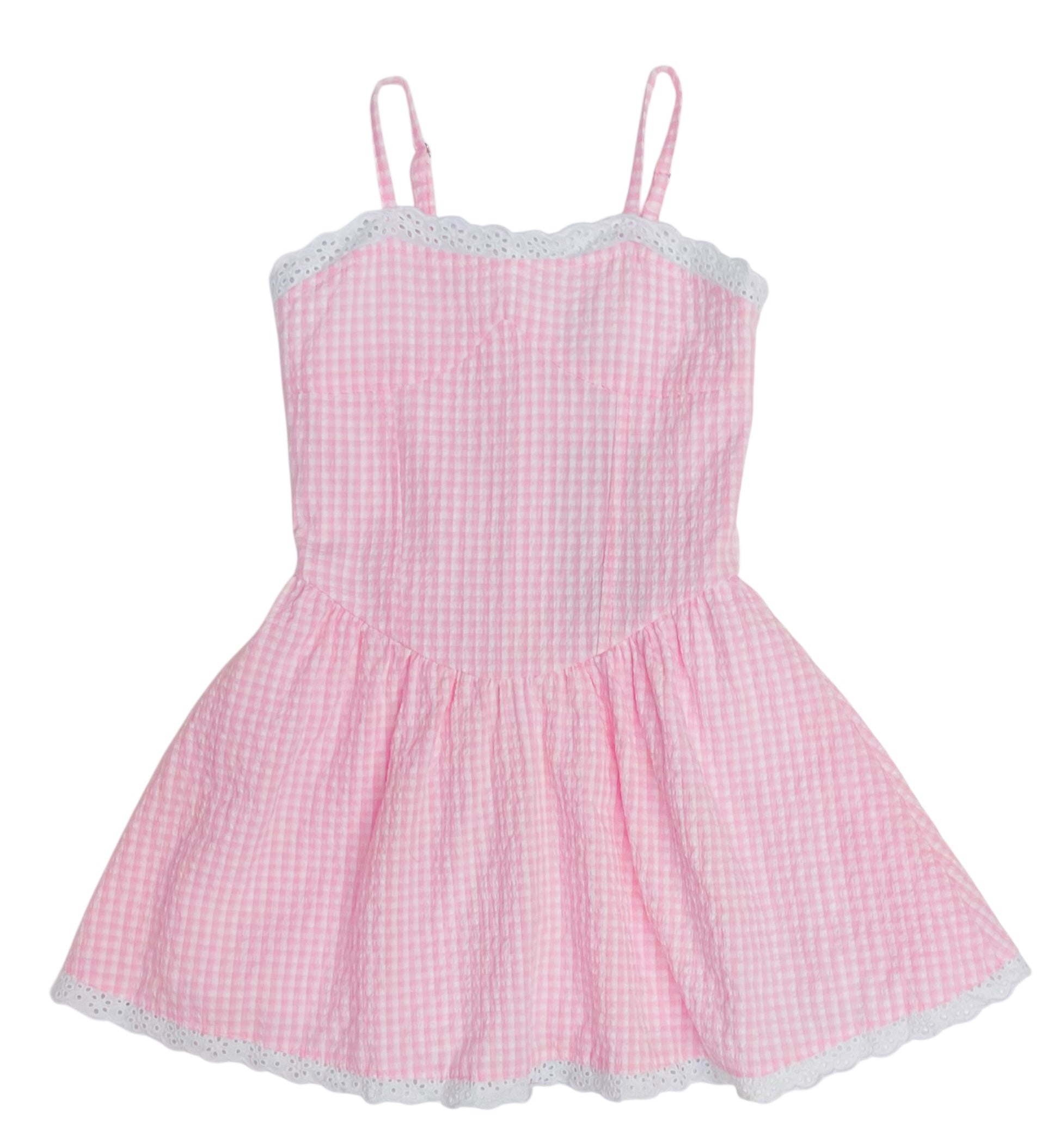 Flowers By Zoe Pink & White Gingham Eyelet Trimmed Dress