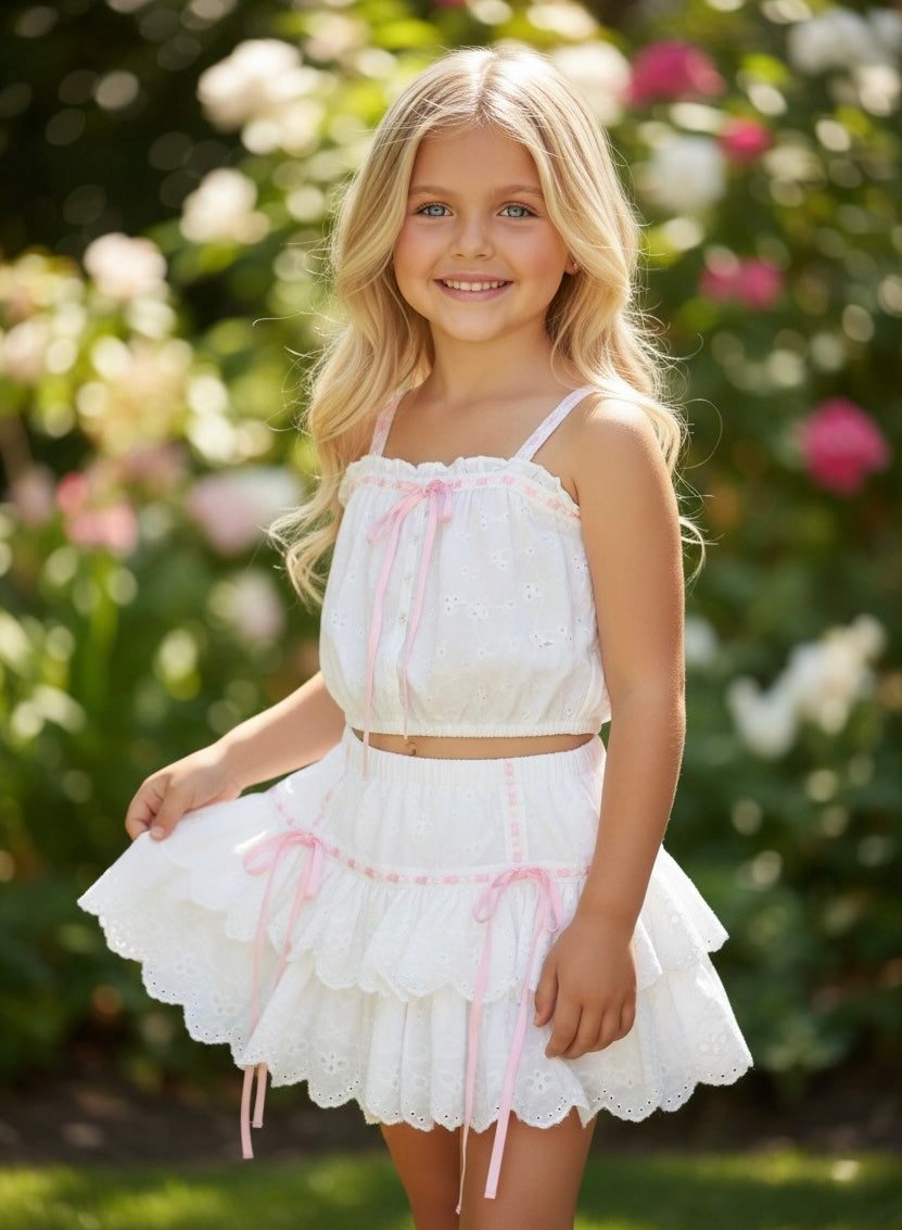 KatieJ white ruffle skirt with pink trim tween tiered skirt