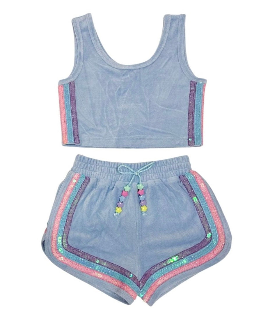 Lola and The Boys Rainbow Velour Sequin Tank Set- Blue