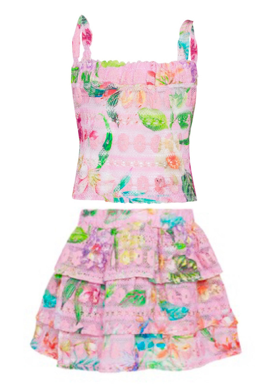 PQ Kids tropical print lace tank top and tiered skirt with elastic waist