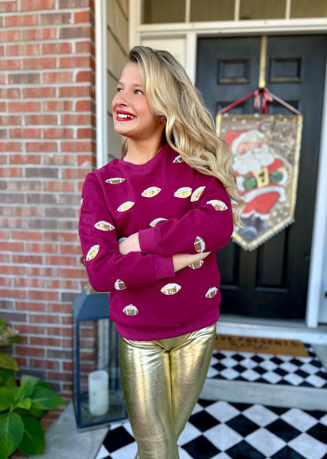 Tweenstyle Burgandy &amp; Gold Sequin Football Sweatshirt