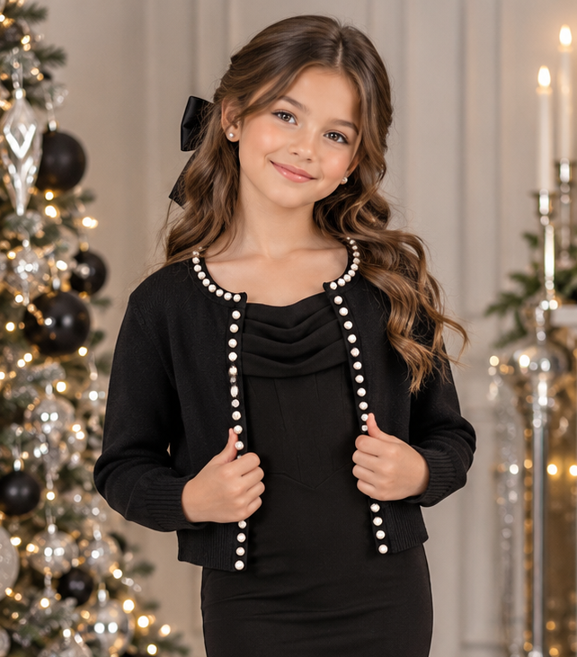 KatieJ NYC Tween Kitty Hem Sweater w/ Pearls - Black