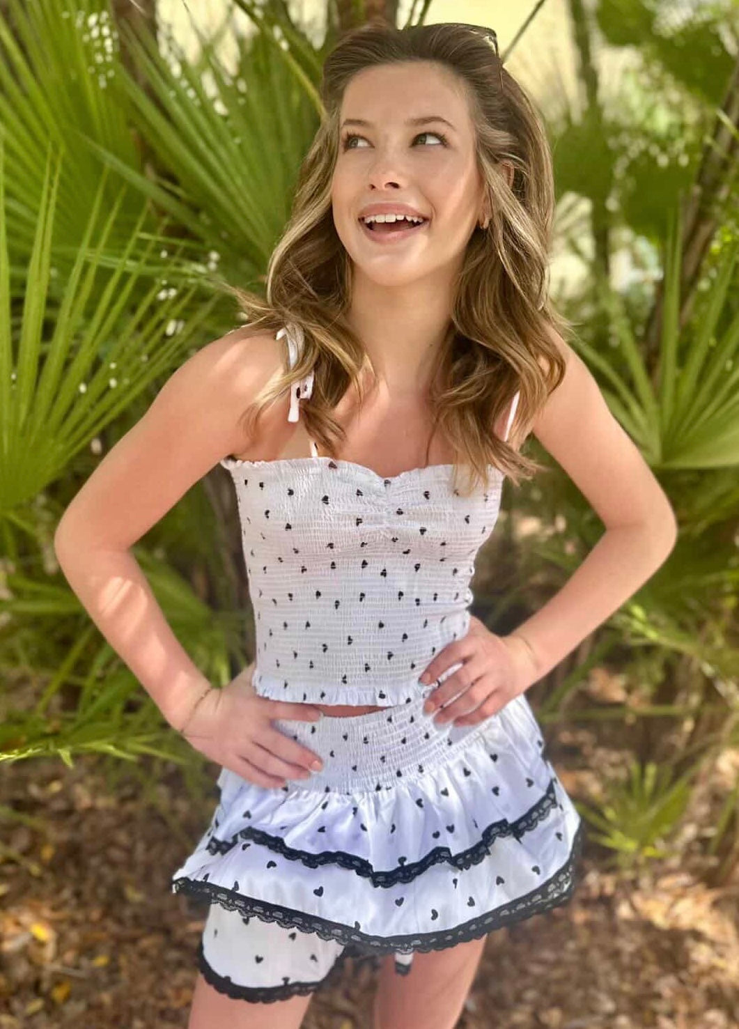 Theme NYC 2pc Gemma Satin Smocked Top & Mini Skirt Set -Heart Print