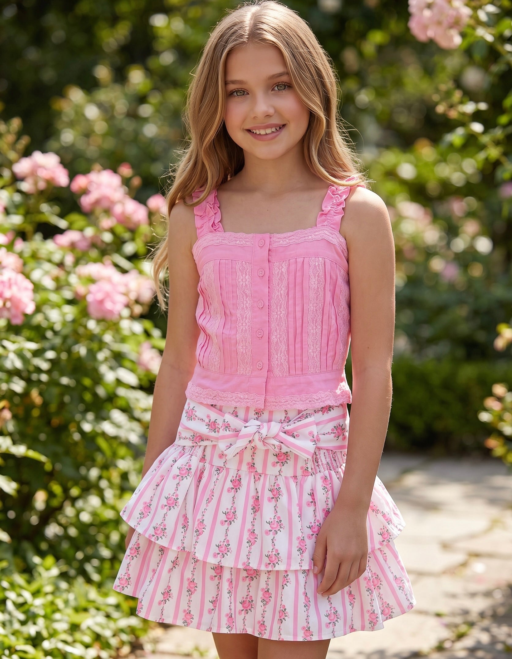 Flowers By Zoe Pink Floral Stripe Bow Skirt