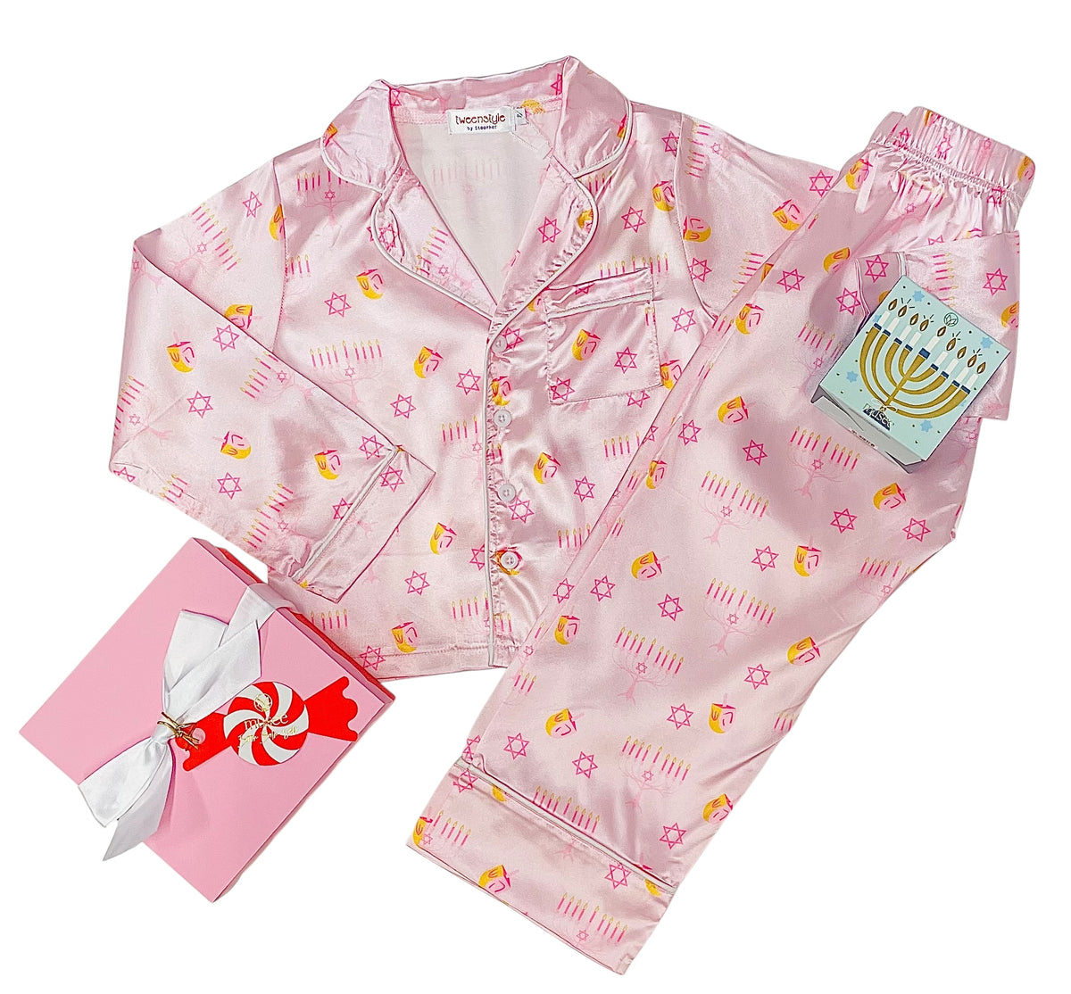 Tweenstyle Pink Hanukkah Print 2pc Satin Lounge Set