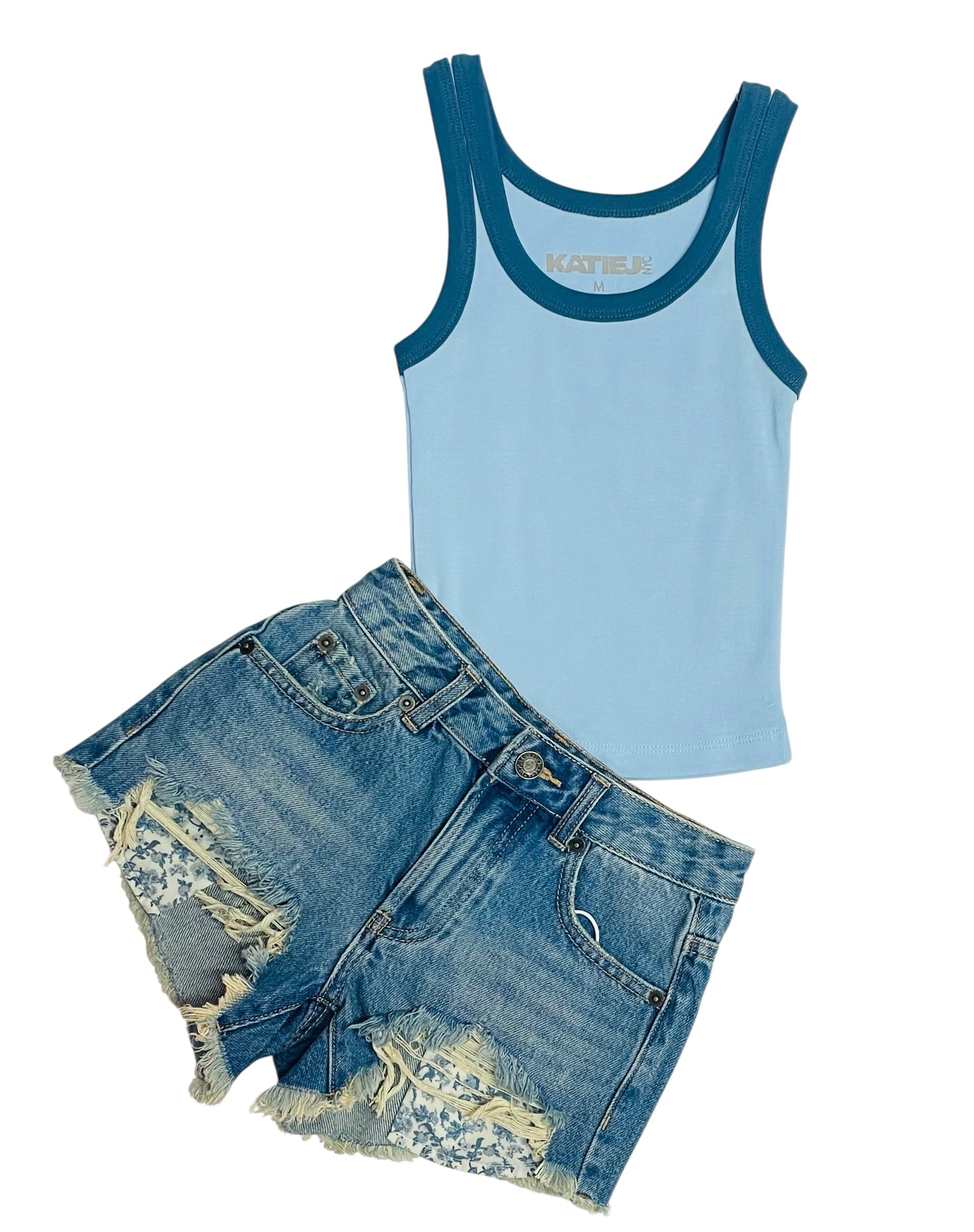 KatieJ NYC Malibu Denim Shorts- Blue Toile Pocket