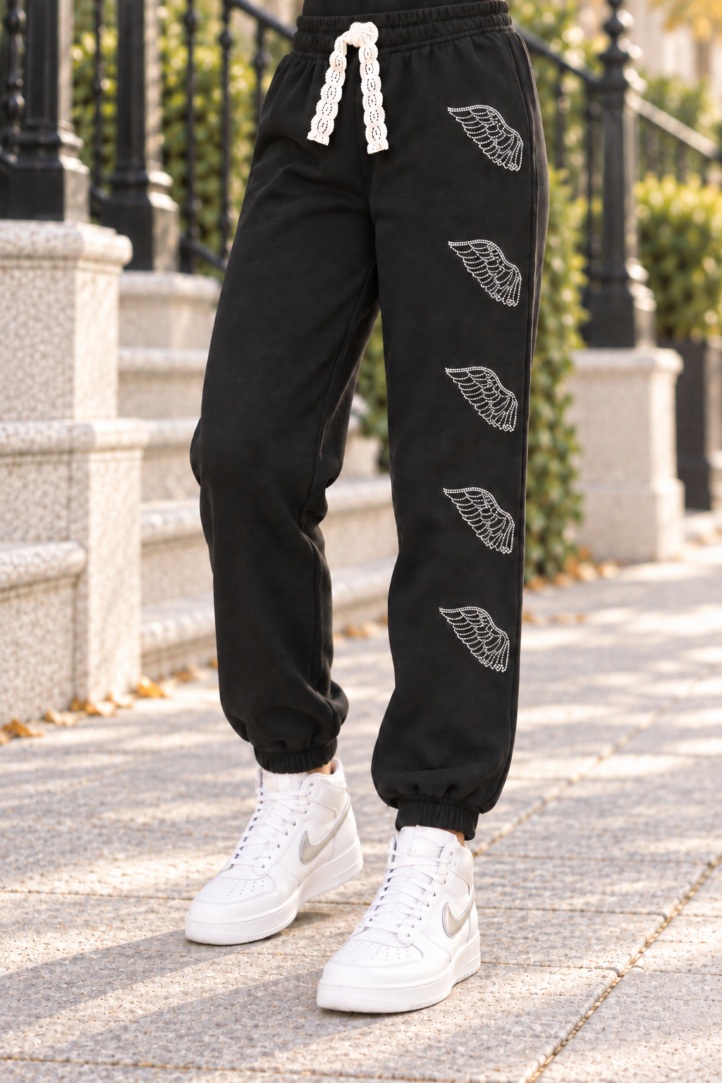KatieJ NYC Leah Rhinestone Angel Wings Sweatpant– Black
