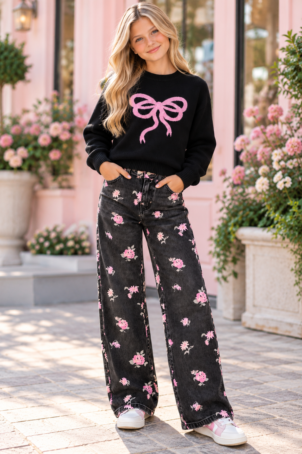 KatieJ NYC Tween Maggie Intarsia Sweater - Black/Pink Bow