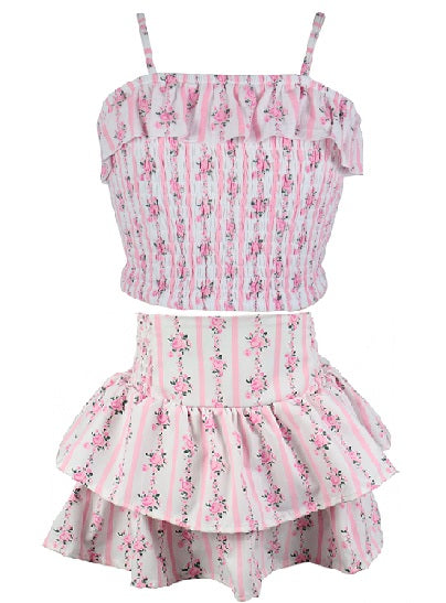 Flowers By Zoe Pink Floral Stripe Bow Skirt