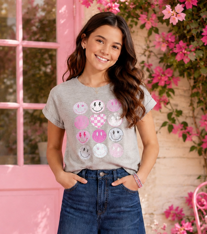 A young woman stands in front of a pink door and pink floral wall, wearing a light gray graphic T-shirt with smiley-face buttons, dark blue wide-leg jeans, and white sneakers. A small chalkboard sign reads 'BE KIND BE HAPPY BE YOU'.