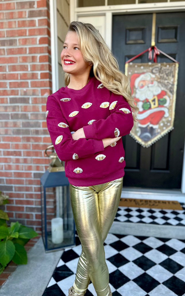 Tweenstyle Burgandy &amp; Gold Sequin Football Sweatshirt