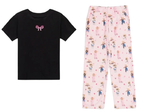 Preppy Goose 2pc Tee + Plush Pant Set-Teddy Bear