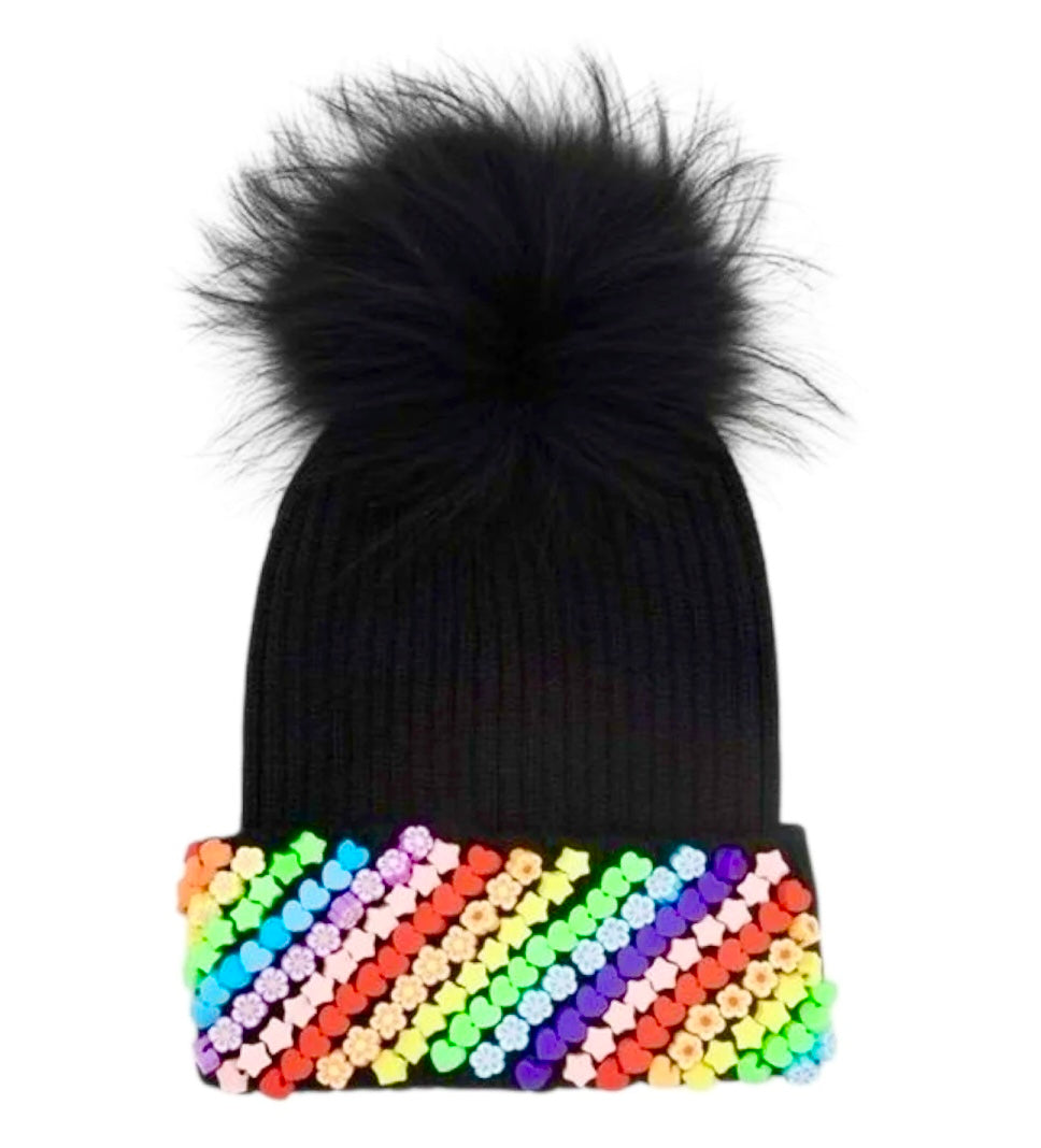 Bari Lynn Charms Hat With Pom Pom- Black