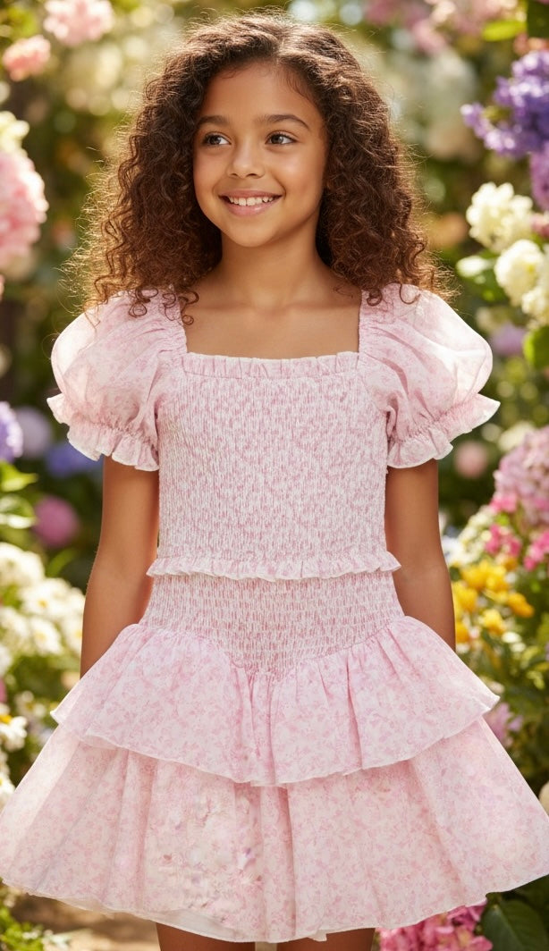 tween girl in a pink floral katiej dress standing in a garden with flowers around her.