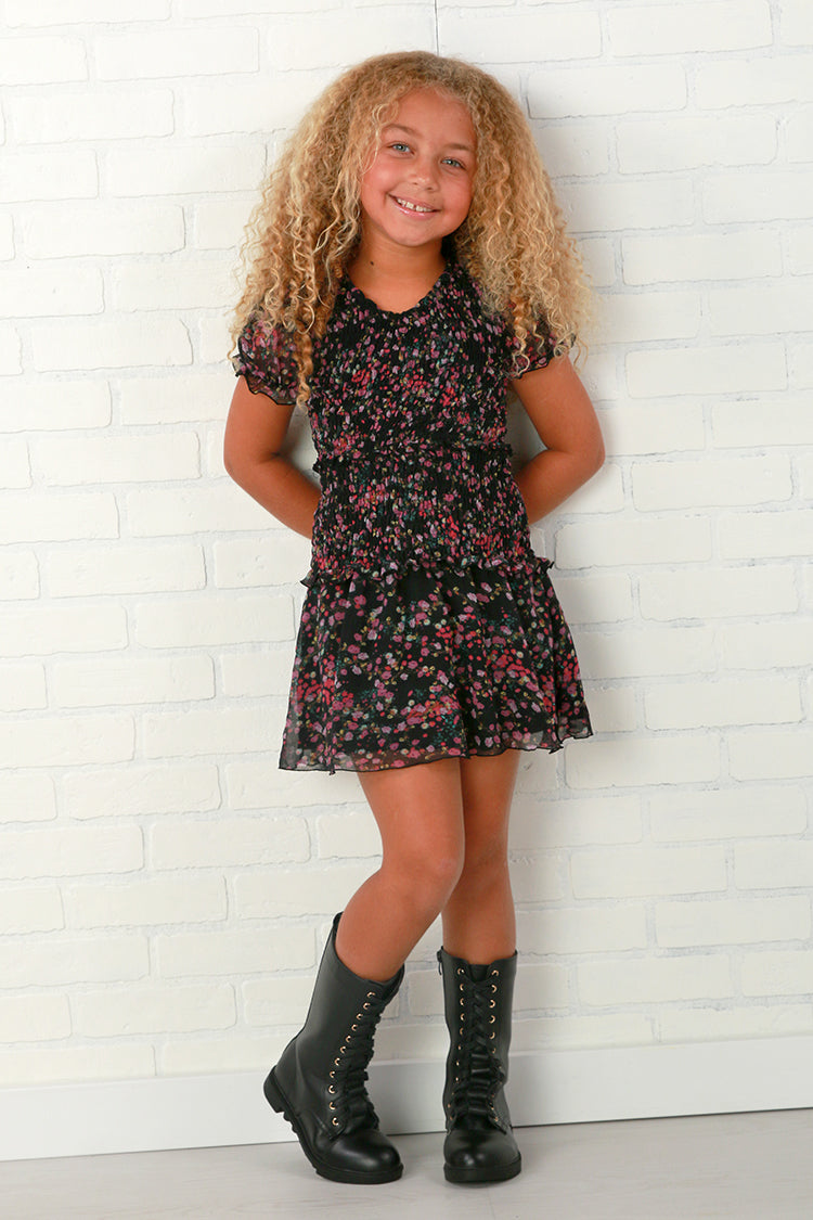 Flowers By Zoe Tween Black + Pink Floral Chiffon Dressl-10 Flowers By Zoe Tween Black + Pink Floral Chiffon Dressl-10