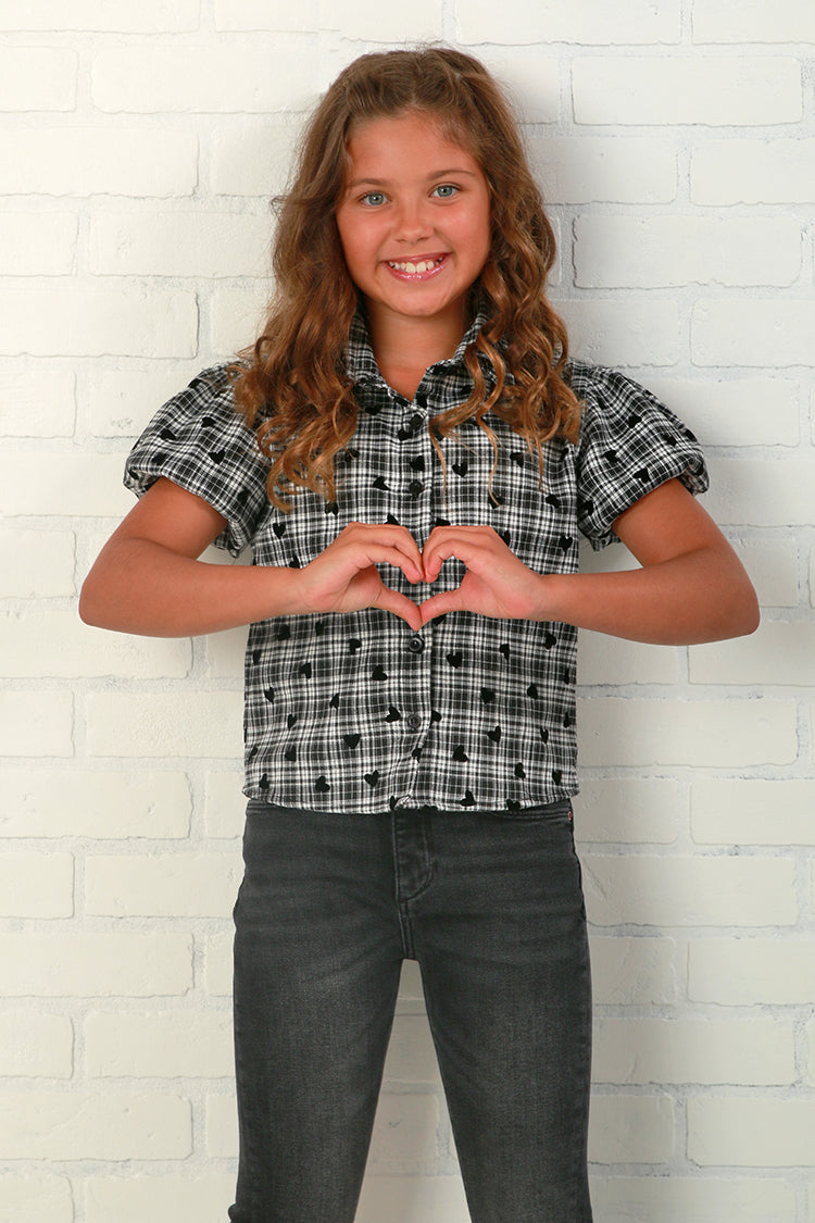 Flowers By Zoe Tween Plaid Mini Heart Print Blouse