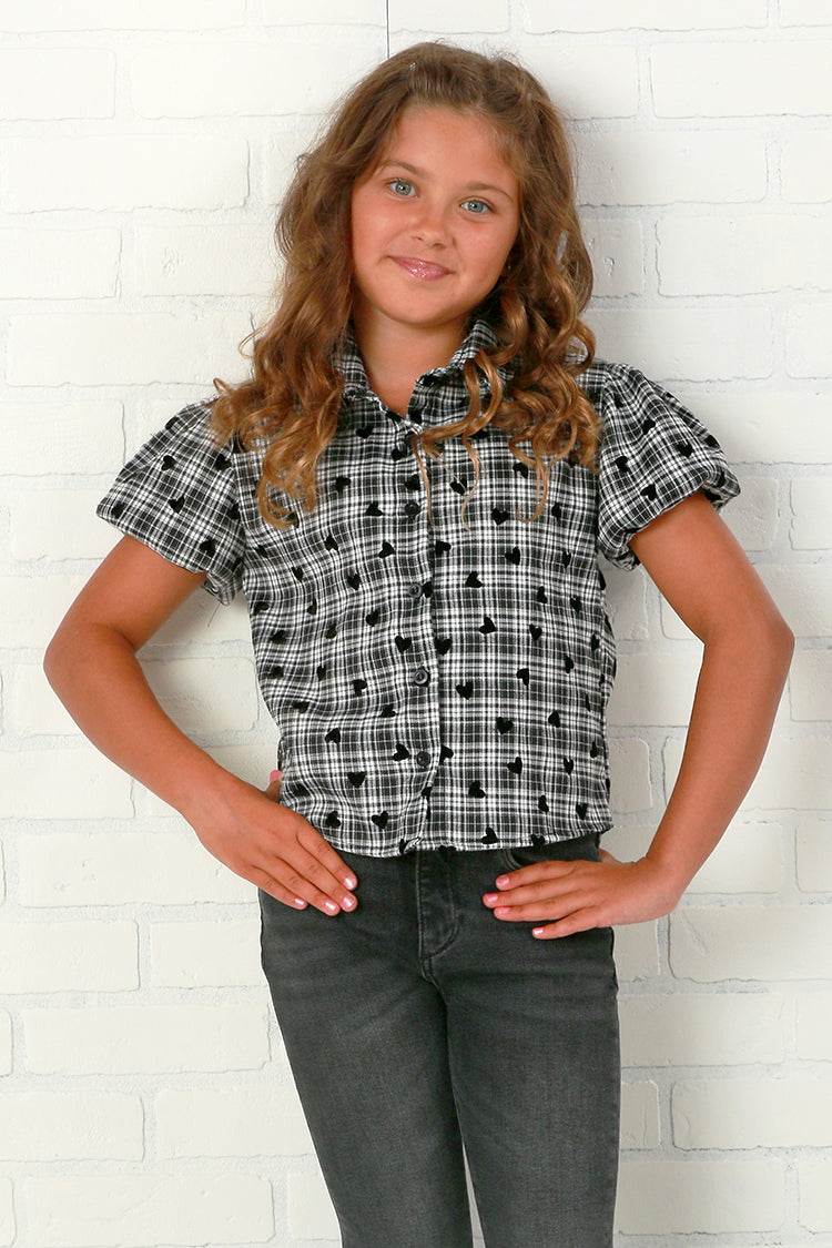 Flowers By Zoe Tween Plaid Mini Heart Print Blouse