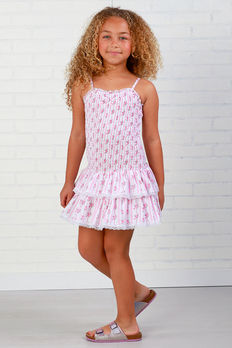 Flowers By Zoe Smocked Pink Floral Stripe Dress