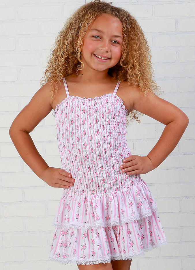 Flowers By Zoe Smocked Pink Floral Stripe Dress