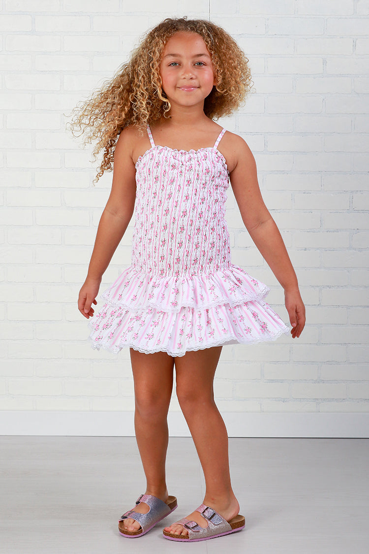 Flowers By Zoe Smocked Pink Floral Stripe Dress