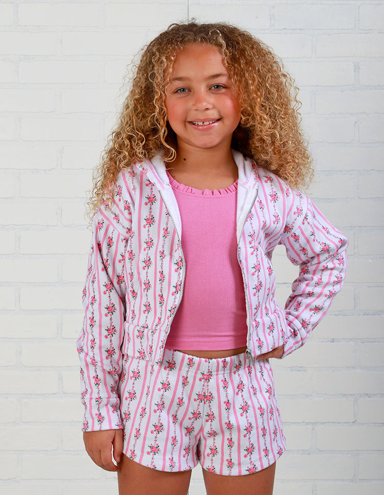 Flowers By Zoe Pink Floral Stripe Zip Up Hooded Sweatshirt