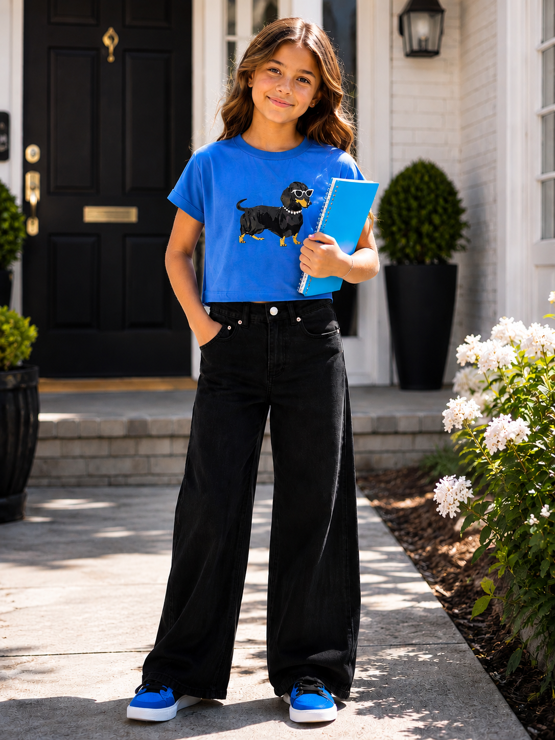 Flowers by Zoe FBZ blue girls graphic T-shirt featuring a dachshund with rhinestone sunglasses and necklace