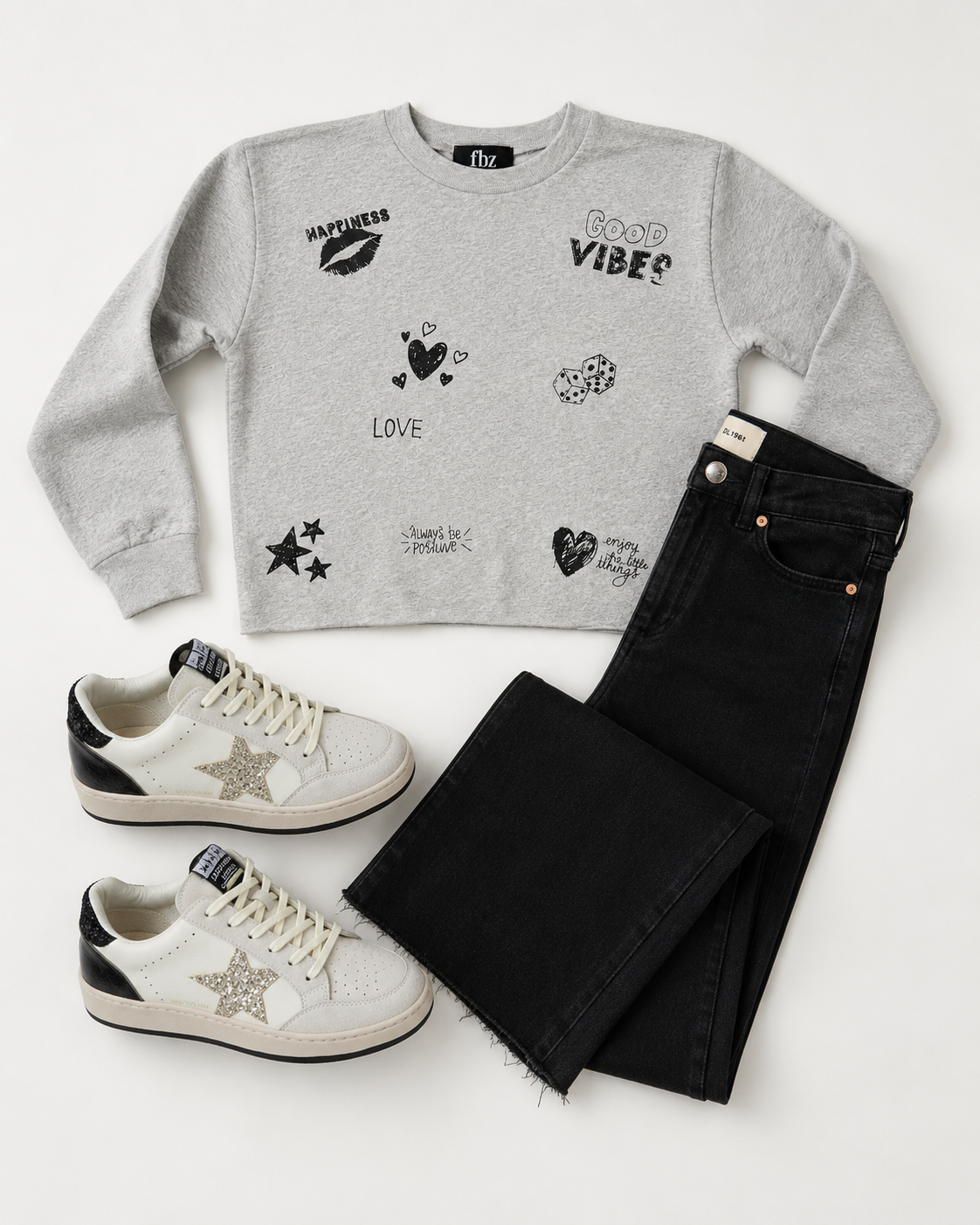 Flowers by Zoe FBZ grey graphic crewneck sweatshirt styled on a tween girl with black denim