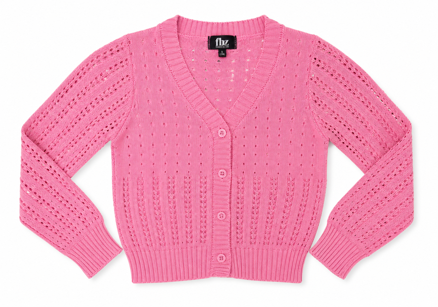 Close-up of Flowers by Zoe FBZ pink tween girls cardigan showing textured open knit and ribbed details