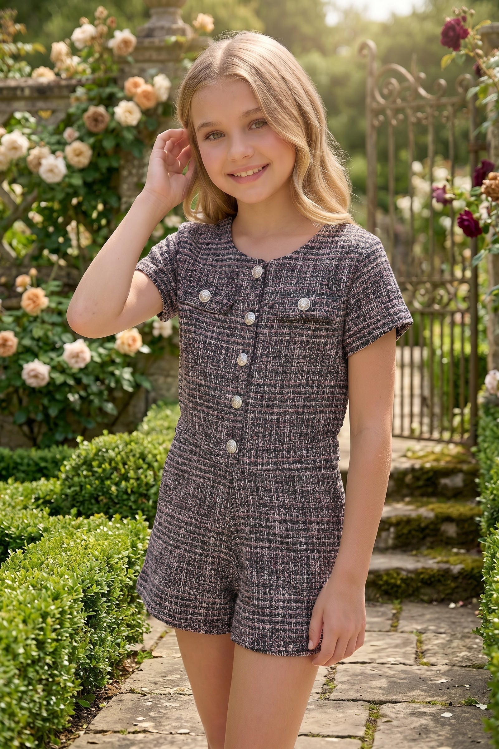 Designer tween girls tweed romper featuring silver buttons and decorative front pockets