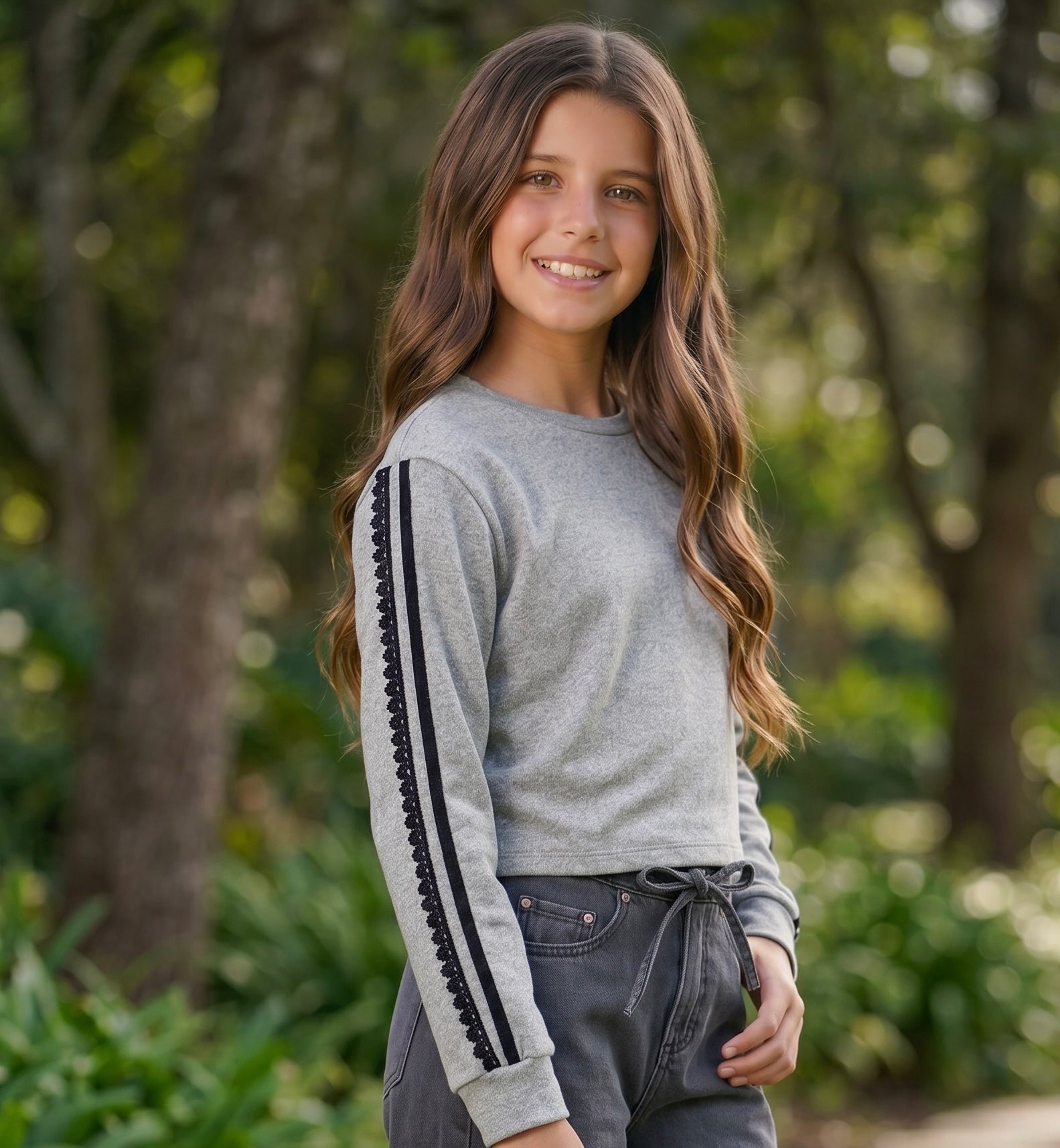 FBZ Flowers by Zoe grey hacci sweatshirt with black lace sleeve detail for tween girls