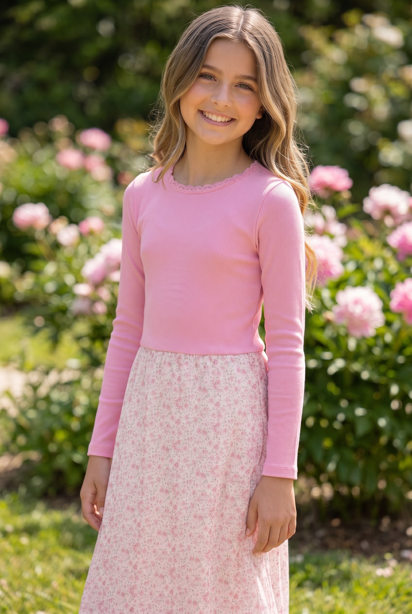 Tween girl wearing the FBZ Flowers by Zoe pink floral chiffon maxi skirt with coordinating pink rib tee