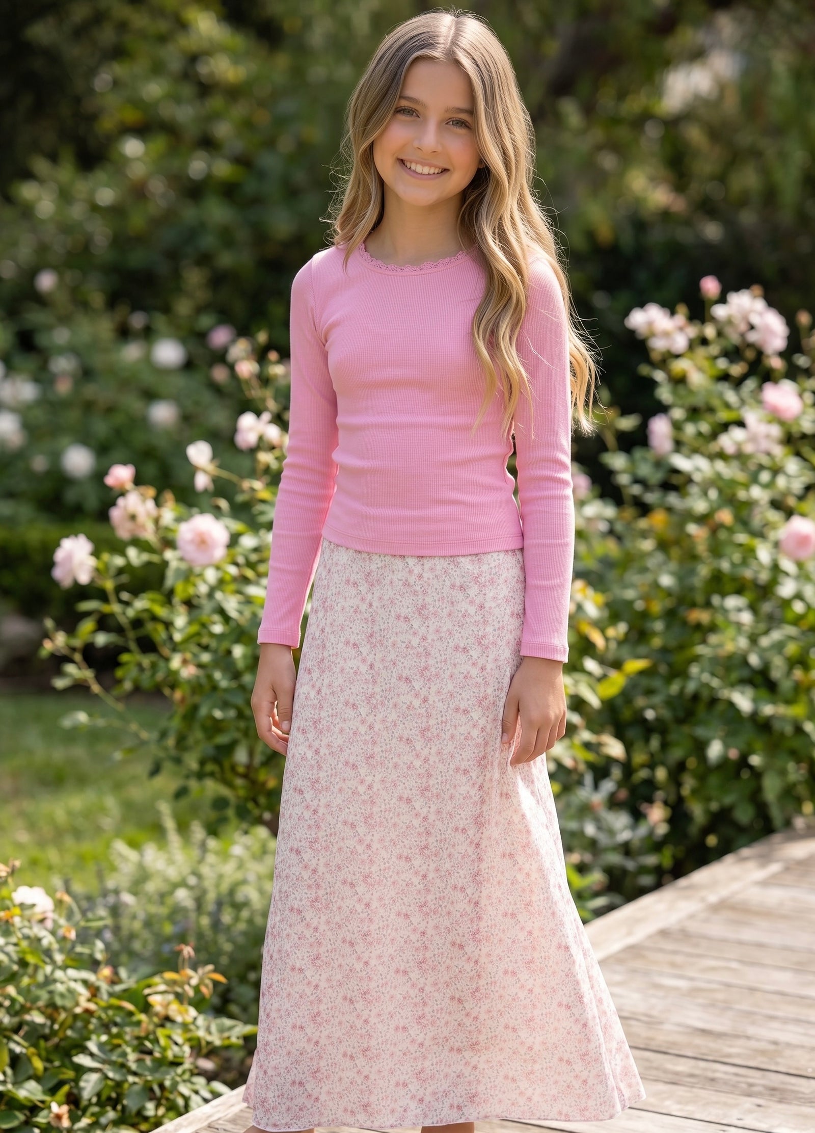 Girls boutique pink ribbed long sleeve top with lace neckline